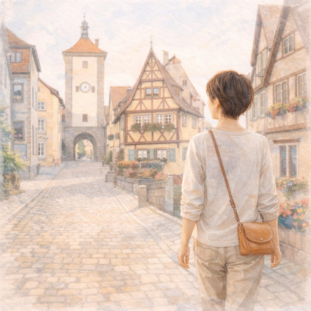 年齢を重ねた女性が、自分らしい選択としてヴィーガンライフを考えながら街を歩く後ろ姿