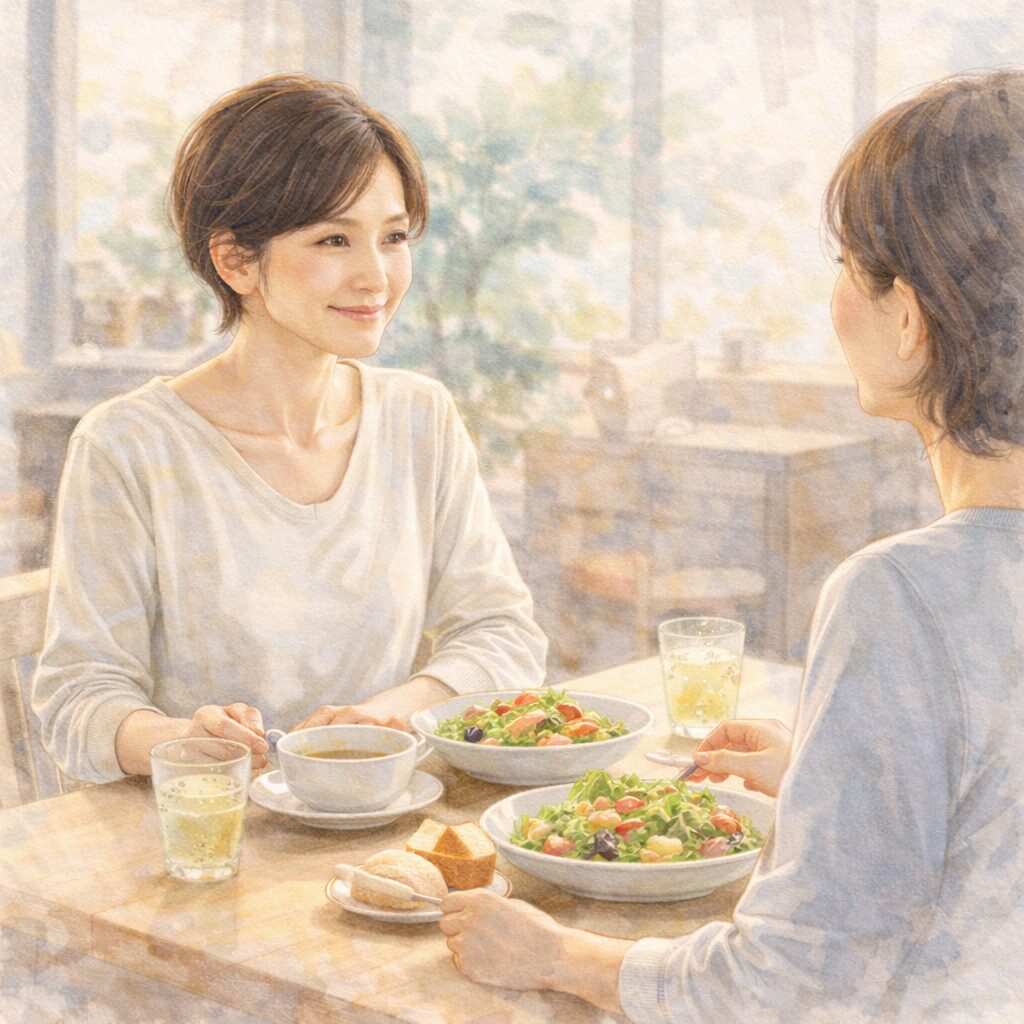 ヴィーガンの食生活を無理なく楽しむ大人の女性が、落ち着いた空間で食事をしながら会話する様子