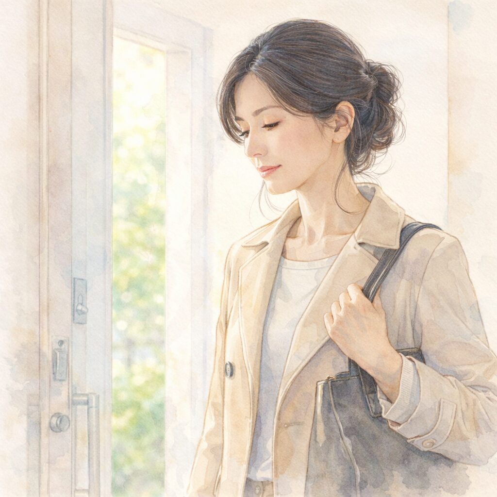 外出前に静かに立ち止まる40代女性の横顔。忙しい毎日の中で自分の気持ちを整える生活習慣を表したイメージ