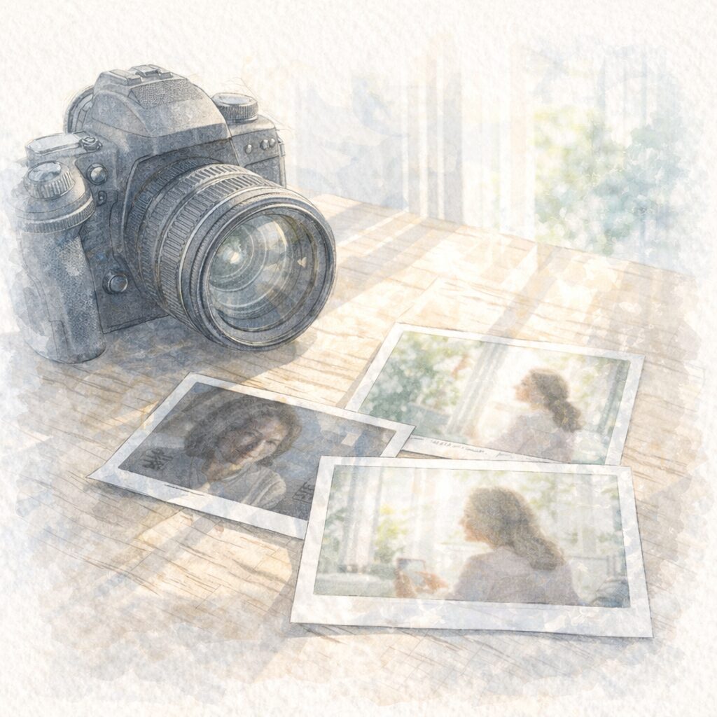 写真の印象が年齢イメージに影響する様子を表した、カメラと人物写真が並ぶテーブルの風景