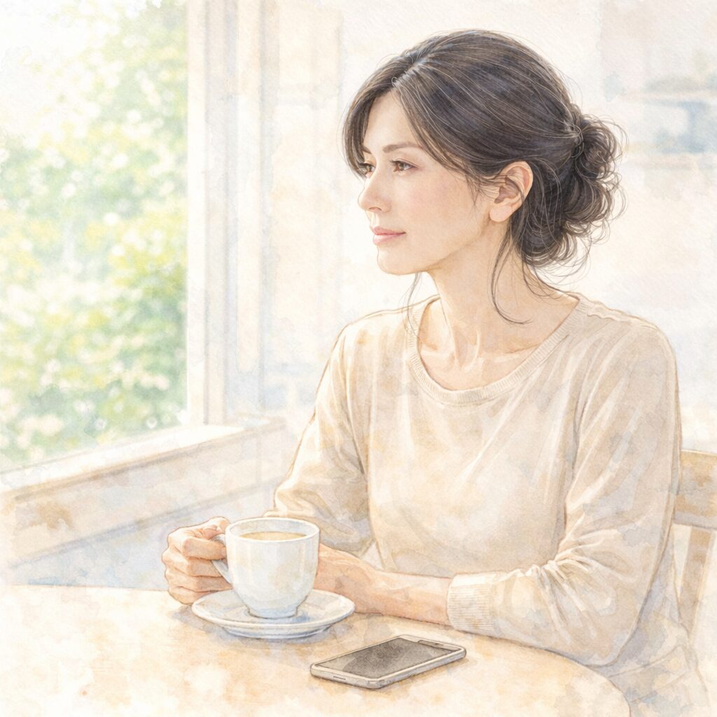 窓辺でコーヒーを飲みながら考え事をする40代女性。情報に振り回されず落ち着いた暮らしを大切にする様子