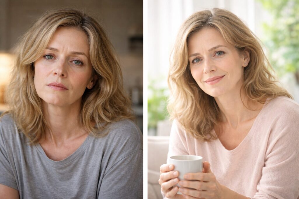 ヴィーガンは老けると言われる理由として、表情や生活状態によって印象が変わる40代女性の比較写真