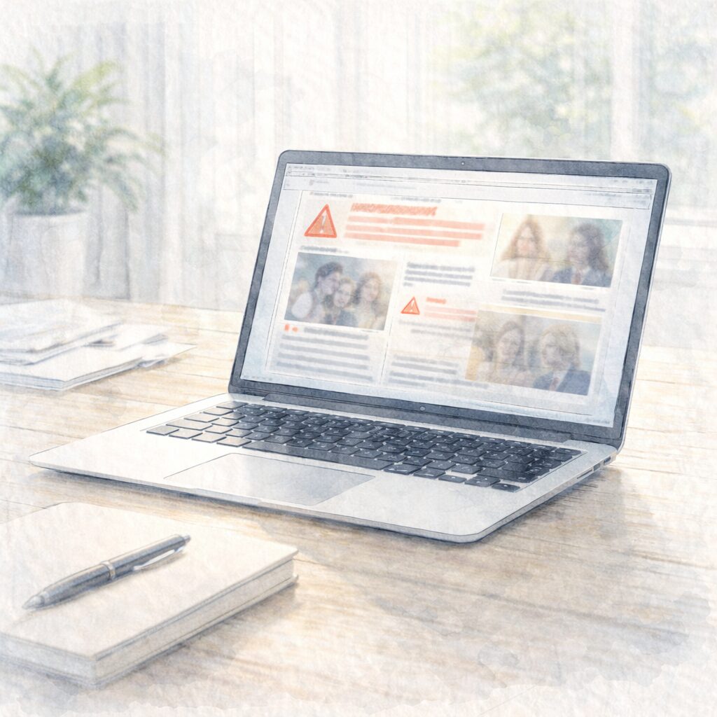 インターネット上の情報によって不安が強まりやすい様子を表したノートパソコンのあるデスク風景