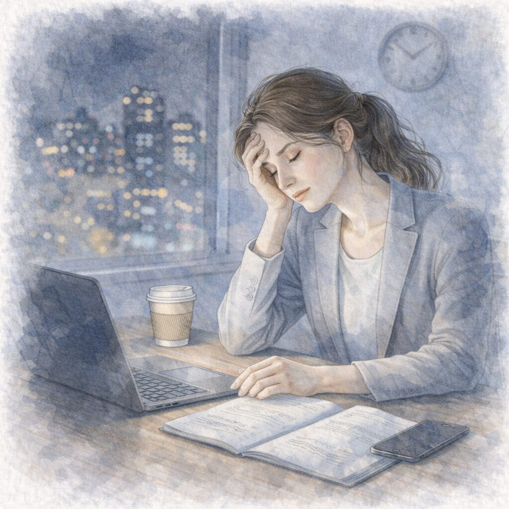 夜遅くまで仕事を続け、生活リズムの乱れやストレスを感じる40代女性の様子を描いた水彩イラスト。ヴィーガン生活と年齢による体調変化、不安が重なりやすい背景を表現している。