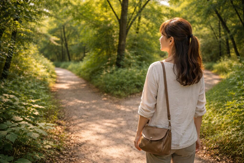 ヴィーガンは義務ではなく選択肢として考え、これからの暮らしを見つめる大人の女性の後ろ姿