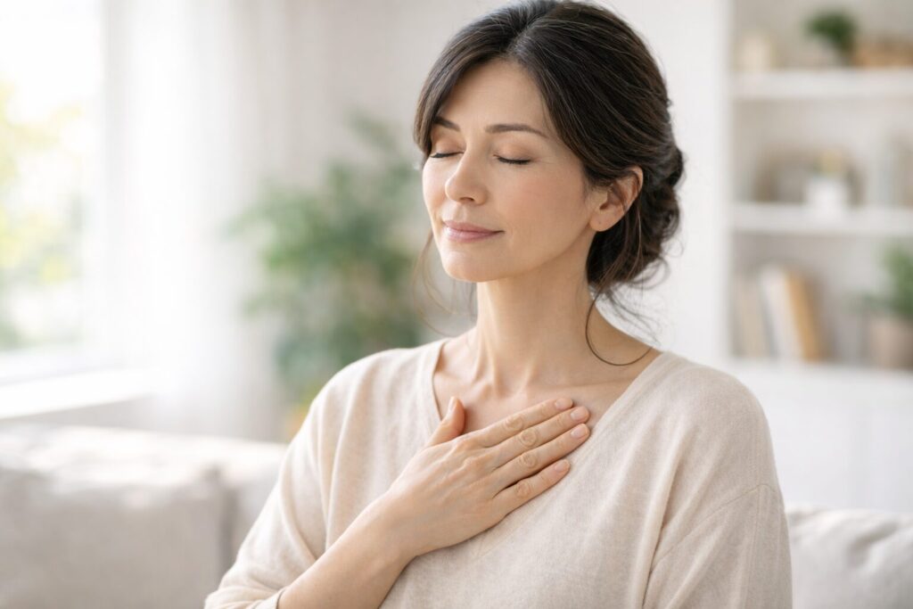 目を閉じて深呼吸する40代女性。心と体のバランスを整え、年齢による不安と向き合う穏やかなセルフケアの時間
