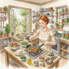 キッチンで厚揚げ料理を作る女性と、奥のテーブルで食事を楽しむシニア夫婦の水彩画イラスト。完全な菜食にこだわらず、魚や出汁も柔軟に取り入れる『おおむねヴィーガン』な食卓。