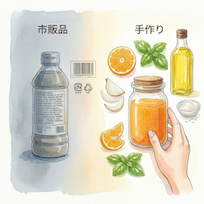 市販ドレッシングと手作りヴィーガンドレッシングを比較する水彩イラスト