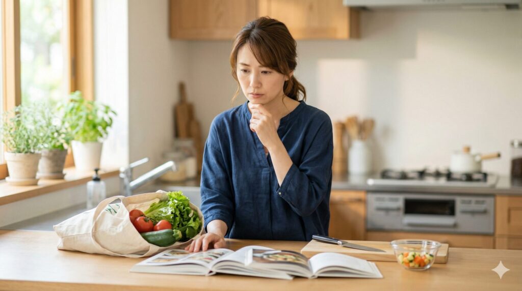 献立に悩む女性のイラスト｜夏バテ対策ヴィーガン料理