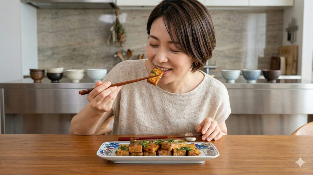 明るい台所で、ショートカットの女性が箸で厚揚げを一切れ口に運んでいます。テーブルの上には、薬味が乗った美味しそうな厚揚げの盛り合わせが置かれています。