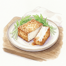 和皿に盛り付けられた、こんがりと焼けた厚揚げと新鮮な水菜。手描き水彩画風の柔らかなタッチ。