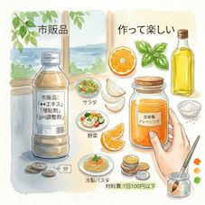 市販と手作りヴィーガンドレッシングを比較する水彩イラスト｜柑橘バジルレシピ