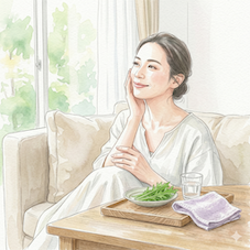 柔らかな自然光が差し込む部屋で、リラックスして過ごす肌のきれいな35歳の日本人女性。水彩画風の優しいタッチで、テーブルには水菜の小皿と水が置かれ、健康的で穏やかな生活習慣を感じさせるイラスト。