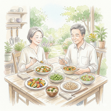 健康的なヴィーガン和食を囲むシニア夫婦の水彩画イラスト。アラカン世代に優しい植物性タンパク質中心のヘルシーな食卓風景。