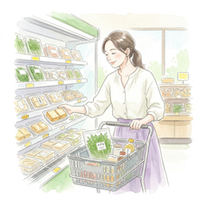 スーパーの豆腐売り場で、エプロン姿の女性が穏やかな表情で木綿豆腐を手に取る様子を描いた、温かみのある水彩画風の正方形イラスト。買い物カゴには水菜や他の食材も入っており、コストパフォーマンスに優れた健康的な植物性料理を主役にする買い物の情景が、柔らかなタッチで情緒的に描写されている。