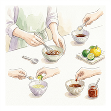 水彩画風の柔らかなイラスト。ボウルで基本のタレを混ぜる手元や、白ごま、柑橘、豆板醤を加えてアレンジを楽しむ様子を分割構図で描写。料理のバリエーションを広げるコツを伝える、温かみのある正方形画像。