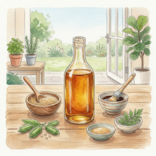 琥珀色の澄んだごま油の瓶と、小鉢に盛られた白ごま・黒ごま・ごまの莢を並べた、温かみのある水彩画風イラスト。芳醇な香りと健康的な植物性調味料をイメージした食卓風景。