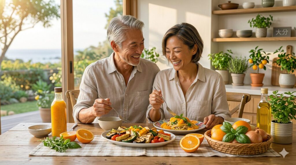 手作りドレッシングの冷製パスタを楽しむアラカン夫婦のイラスト