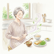 食後の穏やかな女性。水彩画。