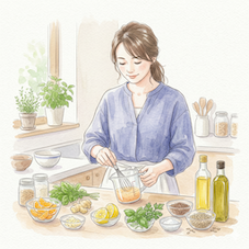 レシピ本を前に献立を考える女性の水彩イラスト｜柑橘バジルドレッシング