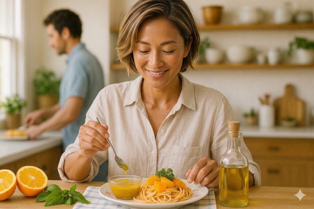 冷製パスタに手作りドレッシングをかける女性のイラスト｜柑橘バジルレシピ