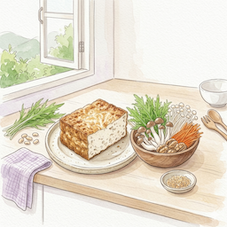 キッチンカウンターの木製ボードに載った厚揚げ、大豆、枝豆、刻んだ人参、ごまの入ったボウル。背景の窓からは緑が見え、ボウルからは緑や紫の湯気が立ち上っている。湯気にはハートや骨、星の模様が含まれている。水彩画風のイラスト。