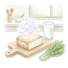 カッティングボードに載った大きな厚揚げブロックから、骨の形や紫色のシャボン玉が立ち上っている。横にはグラス一杯の牛乳、手前には水菜が添えられており、厚揚げに豊富なカルシウムが含まれていることを表現している。背景はキッチン、水彩画風のイラスト。