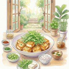 照り焼きのタレが絡んだ厚揚げと、たっぷりの水菜を盛り付けた水彩画風イラスト。小鉢の枝豆や雑穀米、ハーブの鉢植えが並ぶ、健康的で温かみのあるヘルシーな食卓風景。