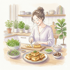明るいキッチンで厚揚げ料理を楽しむ女性の水彩画イラスト。テーブルには彩り豊かなヴィーガン料理、サラダ、雑穀米、ハーブが並ぶ、温かみのあるヘルシーな食卓風景。
