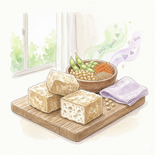 キッチンカウンターの木製ボードに載った厚揚げ、大豆、枝豆、刻んだ人参、ごまの入ったボウル。背景の窓からは緑が見え、ボウルからは緑や紫の湯気が立ち上っている。湯気にはハートや骨、星の模様が含まれている。水彩画風のイラスト。