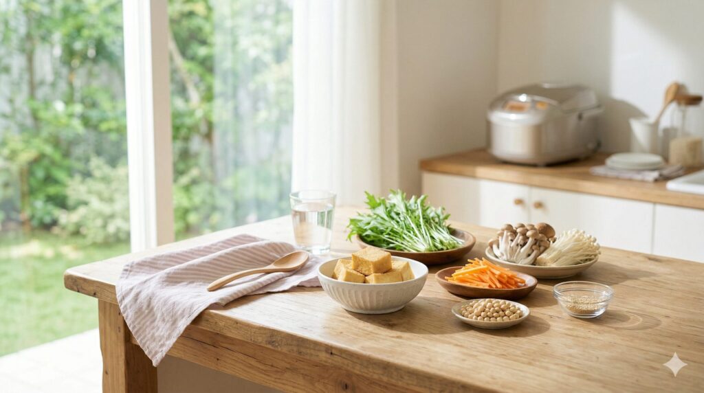 柔らかな自然光が差し込むキッチンカウンターに、ヴィーガンで腸活に良い食材が並べられている。手前には一口大にカットされた厚揚げの小鉢、その隣に水菜、きのこと人参の盛り合わせ、乾燥大豆、白ごまが小さな器に入って並ぶ。背景には窓の外にblurredされた緑の庭、そして炊飯器と木製の調理器具が見える。横長のリアルな写真。一眼レフ撮影。