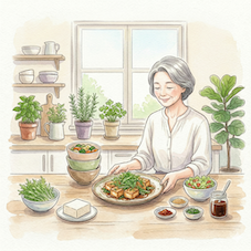 厚揚げと水菜のヴィーガン料理を前に微笑むシニア女性の水彩画イラスト。週1回から始める健康的で無理のない植物性食生活のイメージ。