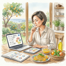 ヴィーガン栄養について調べる女性の水彩イラスト｜柑橘バジルドレッシングレシピ