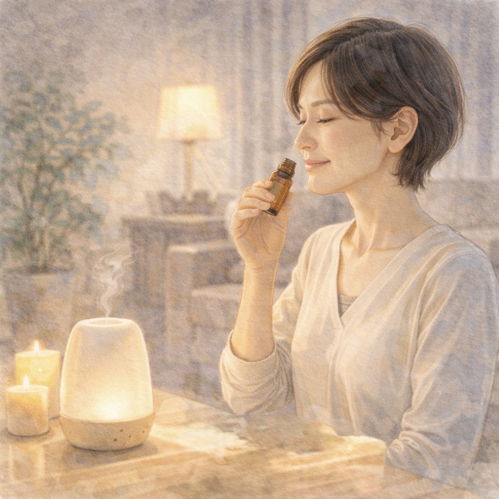 年齢による不安やストレスと向き合いながら、アロマで心を整える大人の女性のセルフケア時間