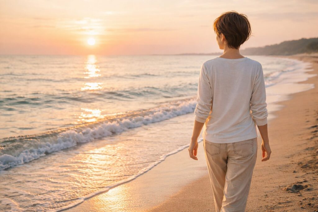 夕暮れの海辺を一人で歩く40代女性の後ろ姿。年齢を重ねても自然体で穏やかに生きるライフスタイルを表すイメージ