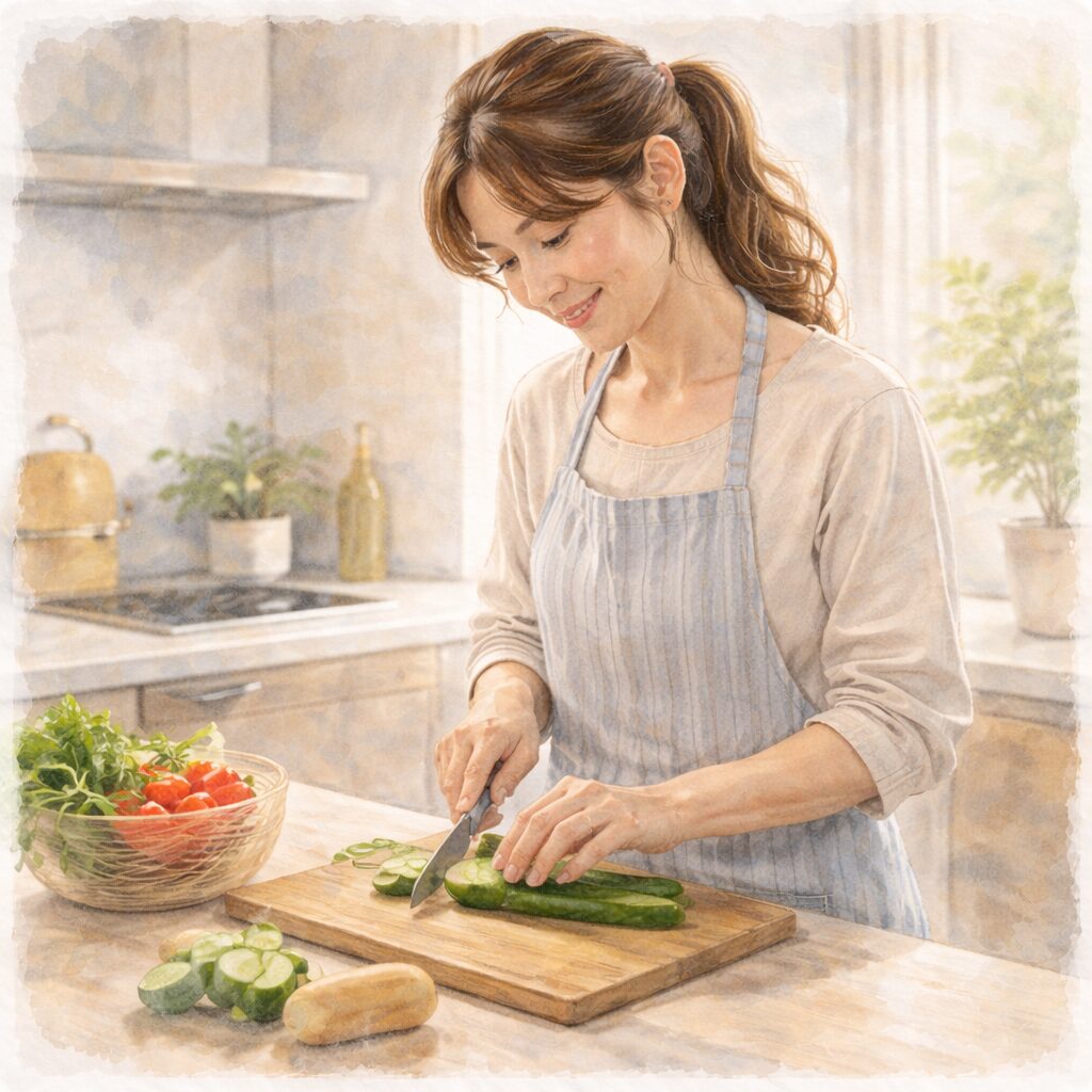 ヴィーガン生活の中で野菜を使った食事を無理なく準備する女性の様子