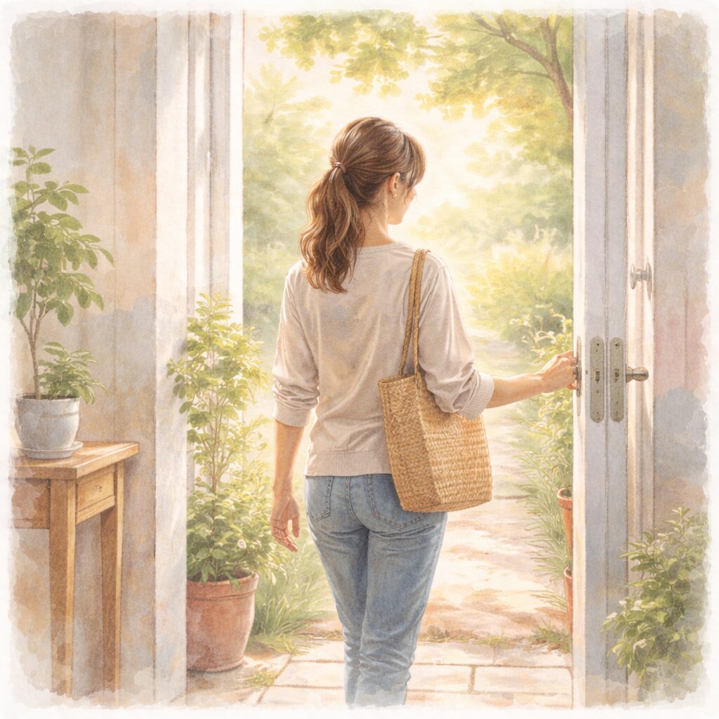 朝の光の中、バッグを持って家のドアを開け外へ出る女性の後ろ姿。前向きな気持ちで生活を整えるイメージ