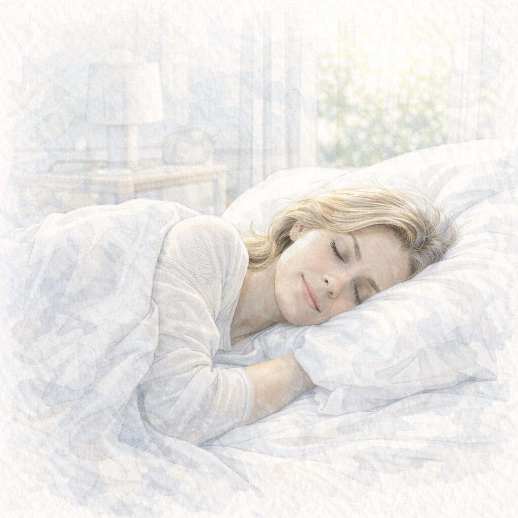 生活リズムを整えることの大切さをイメージした、穏やかに眠る40代女性の寝室風景