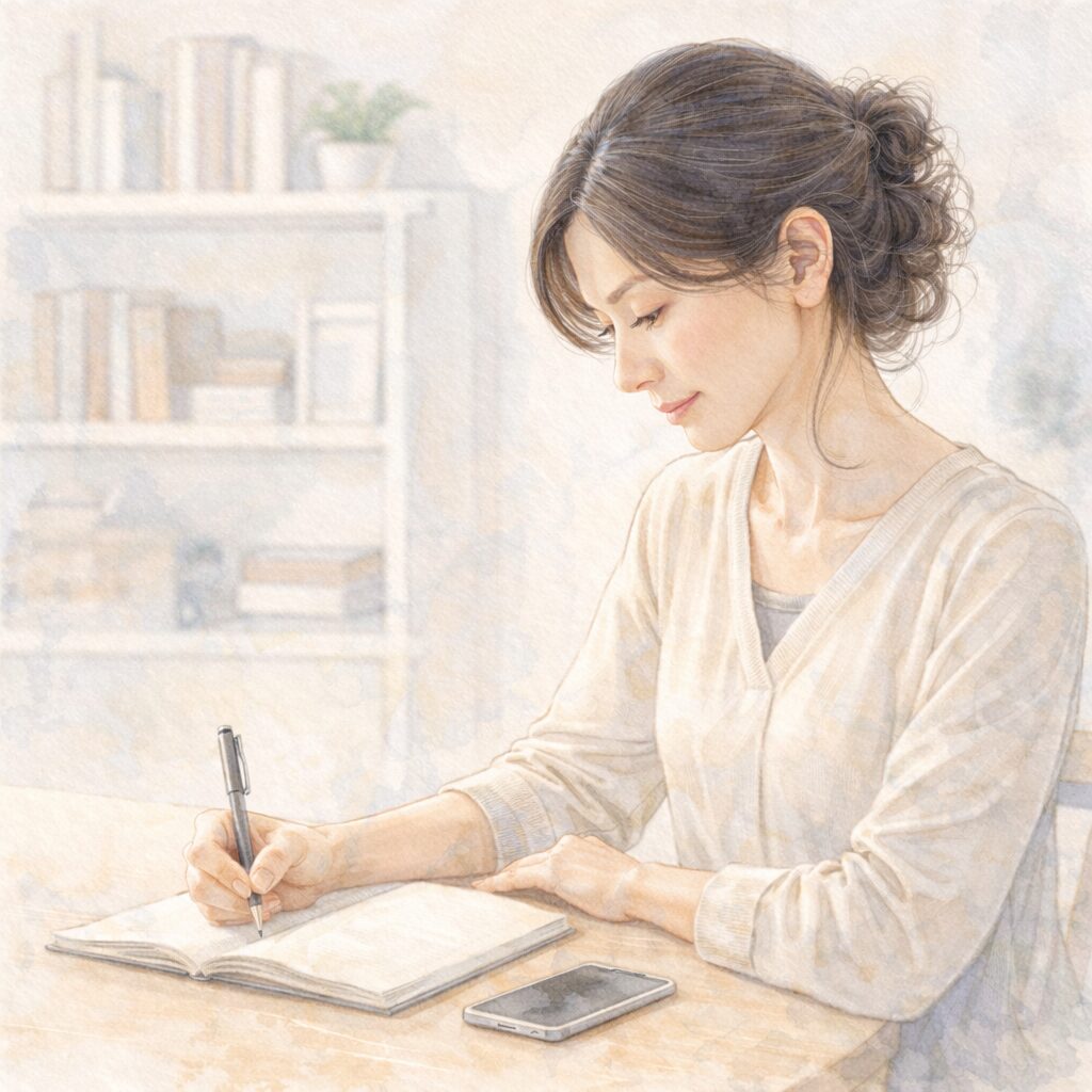 ノートに気持ちを書き出す40代女性。情報過多による不安を整理し、自分に合った暮らしを見つめ直す時間