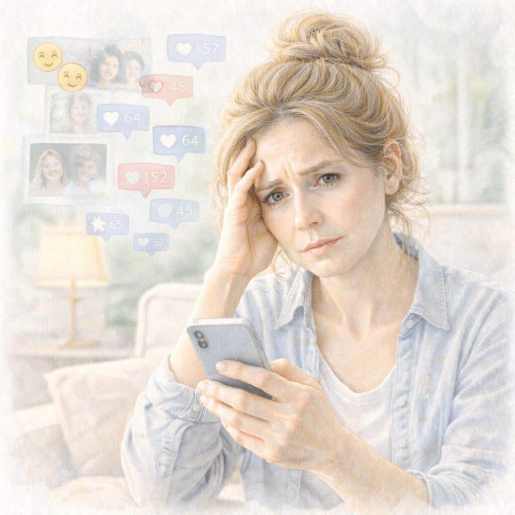 ヴィーガンは老けるという噂やSNS情報を見て不安を感じる40代女性の水彩イラスト。情報の受け取り方によって不安が大きくなる様子を表現