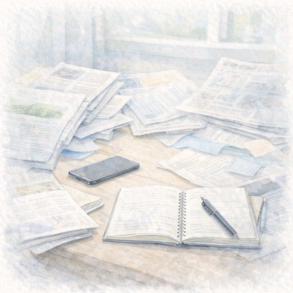 ヴィーガンは老けるという情報を目にして不安を感じる女性を描いた水彩イラスト。スマートフォンや複数の情報に囲まれ、情報の受け取り方が不安を大きくする様子を表現している