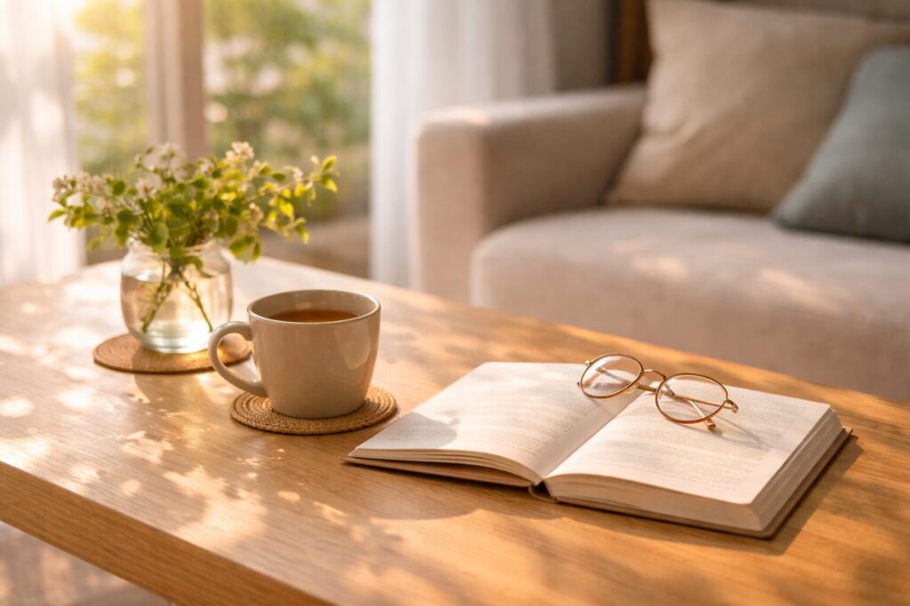 自然光が差し込むリビングで、コーヒーと本を机に置き、心を落ち着けて過ごす穏やかな暮らしのイメージ