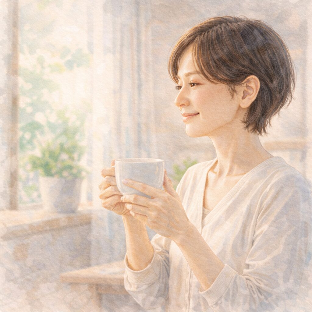 ヴィーガンと年齢の関係に悩みすぎず、日常の中で心を落ち着ける大人の女性のひととき