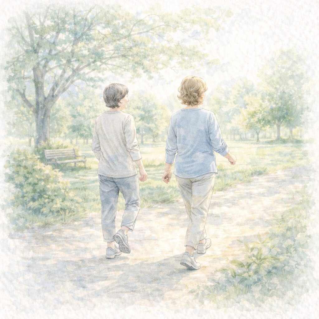 年齢を受け入れ無理なく続ける暮らしを表した、公園を散歩する中年女性の水彩イラスト