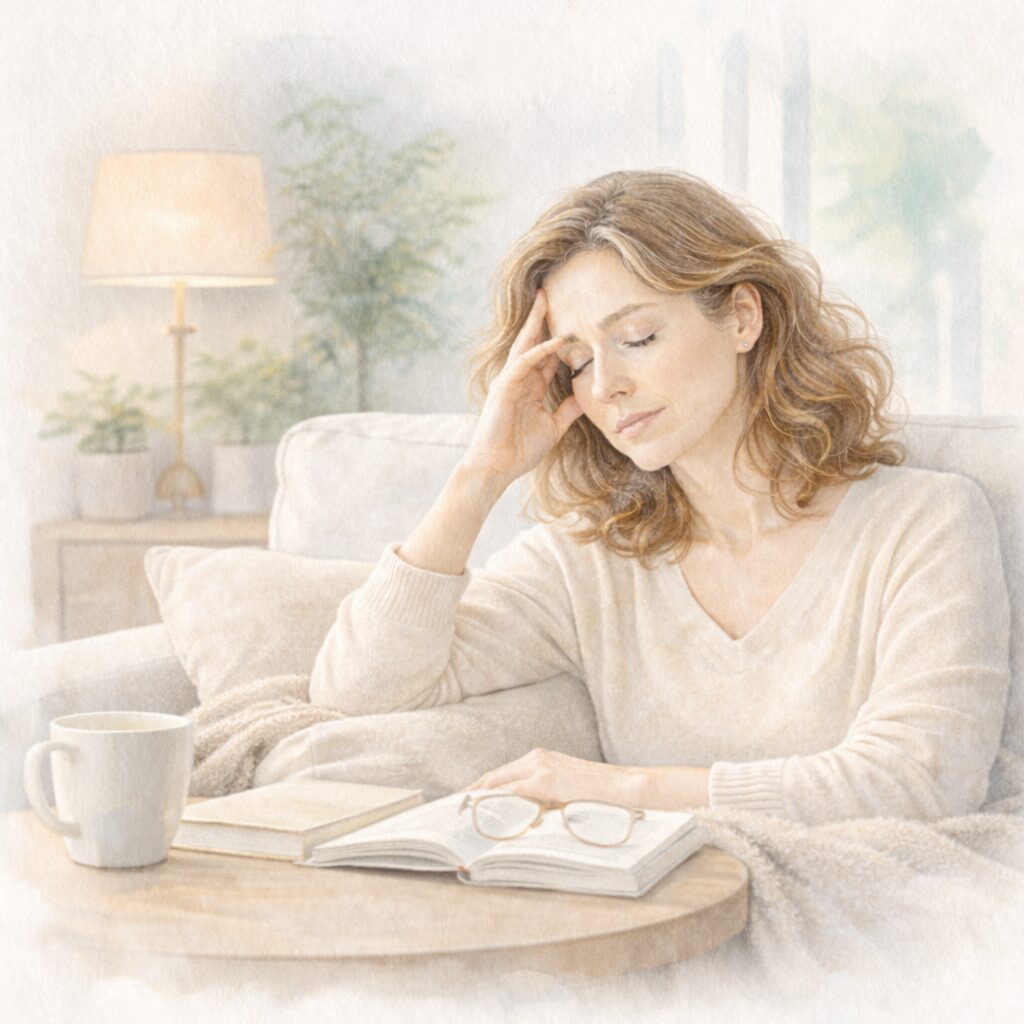 情報を受け取りすぎて不安を感じ、静かに考え込む女性の日常の一場面