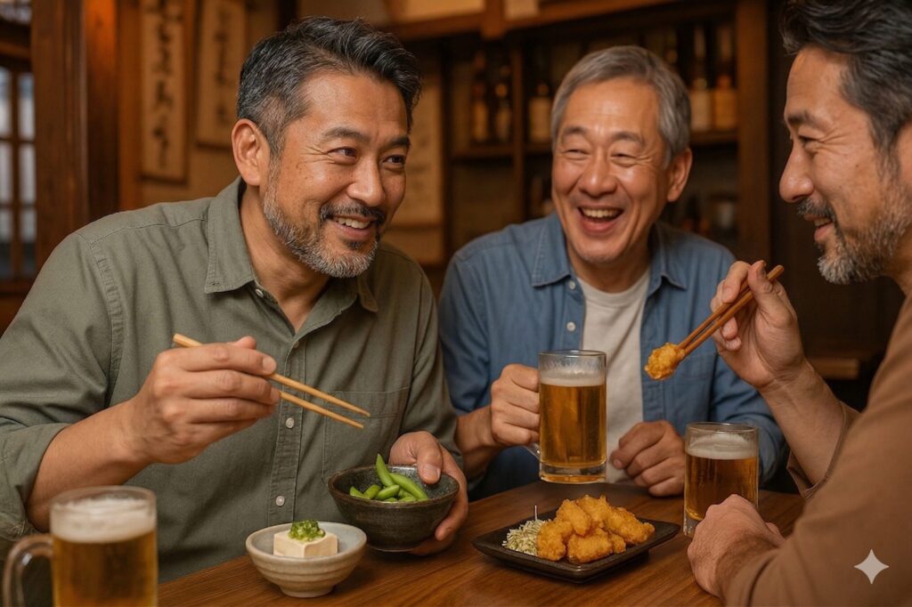 居酒屋で談笑する３人の男性。手前の男性が枝豆と豆腐を差し出している