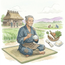 畳の上で食事をする農民と、背景に広がる田園風景を描いた水彩画風のイラスト。手前には野菜や豆腐、そうめんが並び、伝統的な日本の生活と豊かな食文化が表現されています。遠くには寺院と農作業をする人々の姿も見えます。