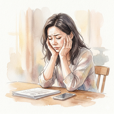 ストレスによる加齢臭や体臭に悩む女性をイメージした水彩画風イラスト