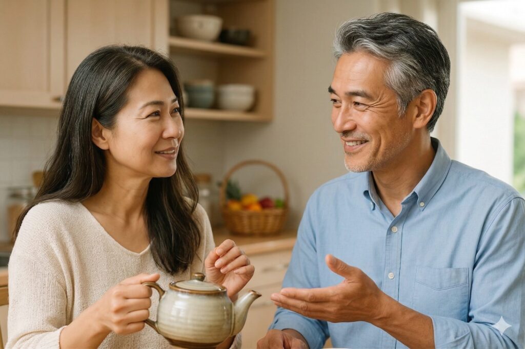 清潔感のある40代の日本人夫婦がキッチンで穏やかに談笑する様子