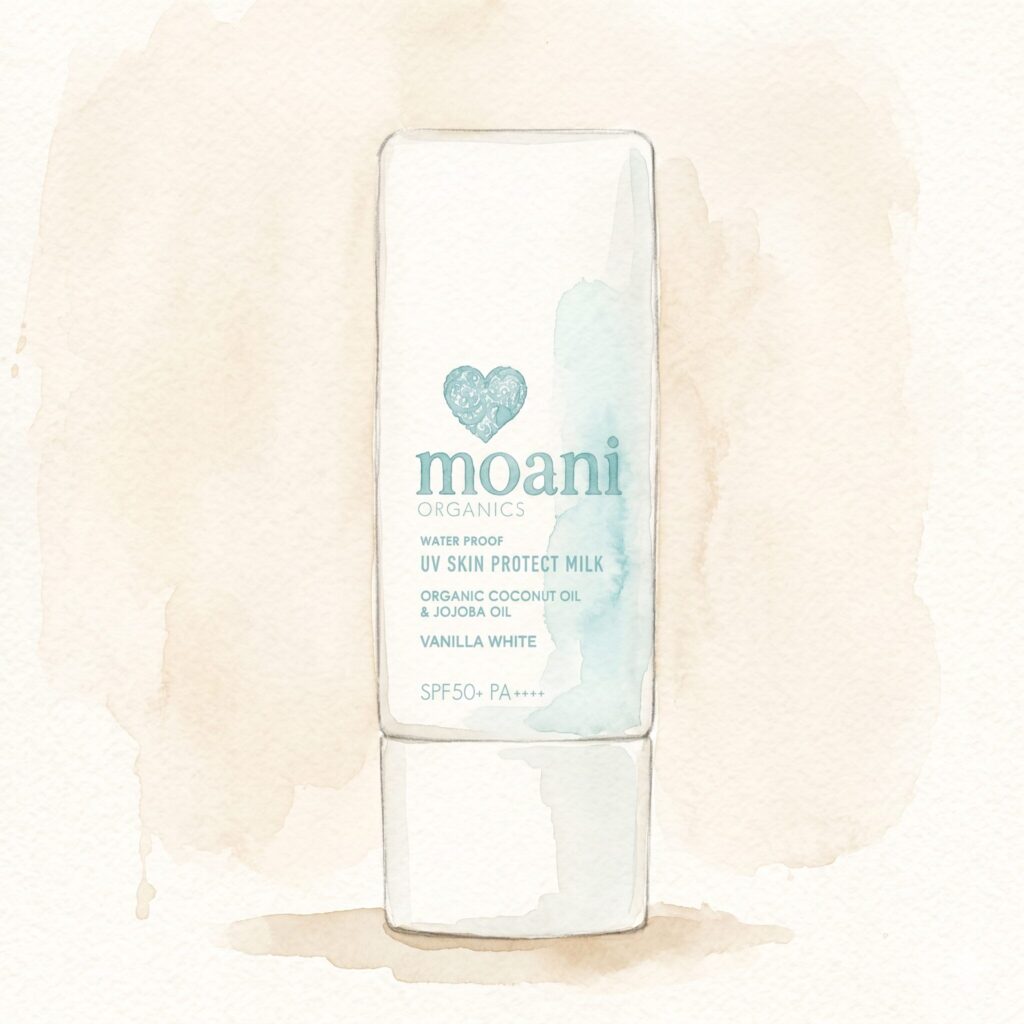 moani organics UV SKIN PROTECT MILKのチューブを描いた手描き水彩イラスト(淡いベージュのにじみ)